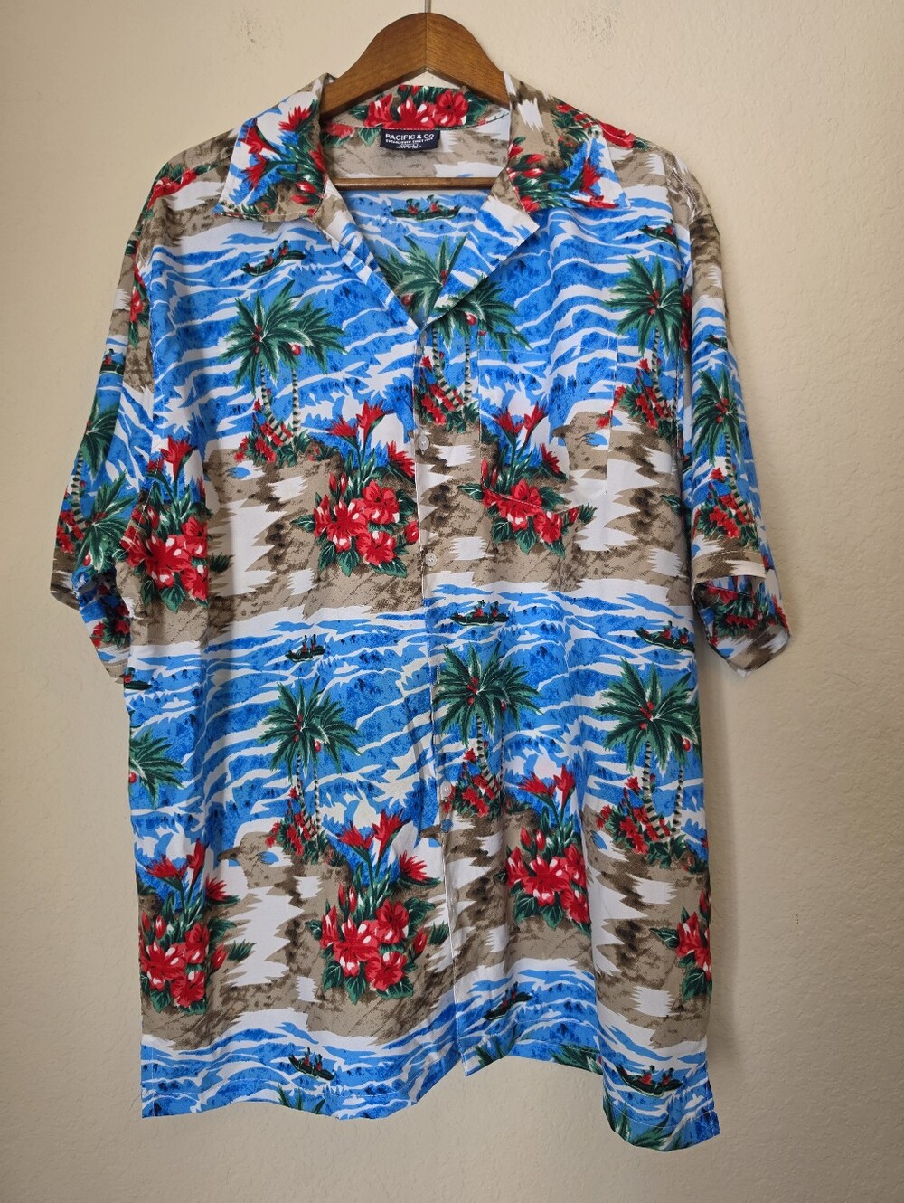 Pacific And Co. Hawaiian Aloha Button Down Shirt Mens Large Tropical Beach Scene